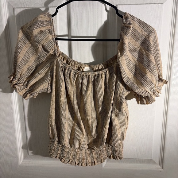 H&M Tops - H&M Beige and Black Striped Off-Shoulder Puff Sleeve Top